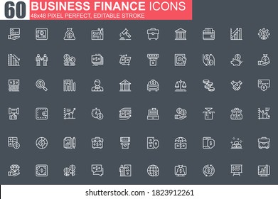 Business finance thin line icon set. Financial accounting and audit outline pictograms for web and mobile app GUI. Online banking simple UI, UX. Grid 48x48 pixel perfect linear vector icons pack.