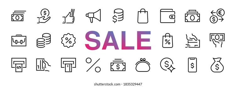 BUSINESS and FINANCE Thin Line Icon Set, contains icons such as Coins, Currency Exchange, Card Payment, Terminal and much more, Editable Line, Vector Illustration. black friday