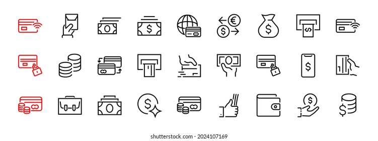 BUSINESS and FINANCE Thin Line Icon Set, contains icons such as Coins, Currency Exchange, Card Payment, Terminal and much more, Editable Line, Vector Illustration.