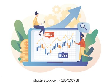 Business, finance and trade. Trading online. Tiny people buy and sell cryptocurrency, stocks and bonds for forex on laptop. Modern flat cartoon style. Vector illustration on white background