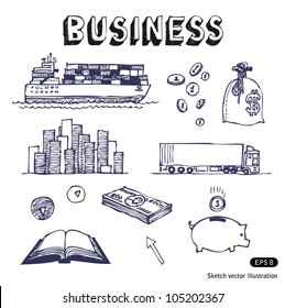 Business, finance and transportation icon set. Hand drawn sketch illustration isolated on white background