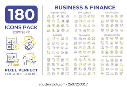 Business and finance two color line icons set collection. Commercial strategy. Corporate development management bicolor outline mega pack isolated, pixel perfect. Duotone thin lineart. Editable stroke