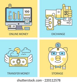 Business and finance. Vector flat icon set: on line money, exchange, income, transfer, storage. On yellow and blue background