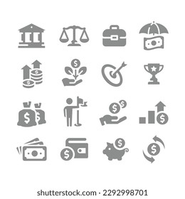 Business and finance vector icon set. Money, dollar bill, piggy bank fill icons.