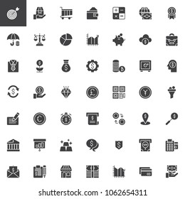 Business and finance vector icons set, modern solid symbol collection, filled style pictogram pack. Signs, logo illustration. Set includes icons as ATM, Safe Box, Money, Credit card, Bank building