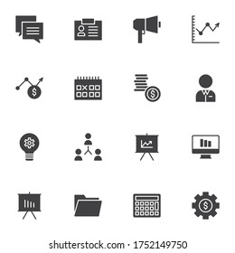 Business and finance vector icons set, modern solid symbol collection, filled style pictogram pack. Signs, logo illustration. Set includes icons as money, dollar rate, calendar, presentation screen