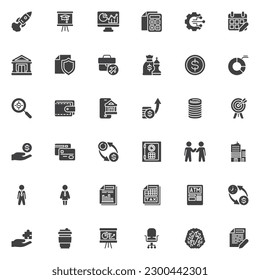 Business and finance vector icons set, modern solid symbol collection, filled style pictogram pack. Signs, logo illustration. Set includes icons as financial report, startup rocket, money investment