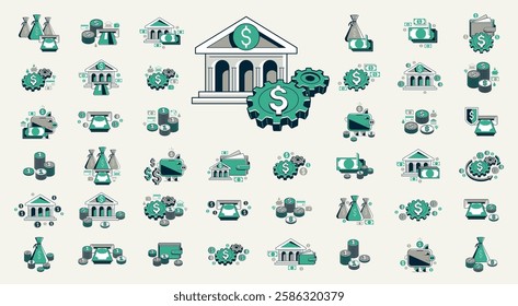 Business and finance vector icons set, financial and economy theme detailed icons that can be used as an illustration, money theme.