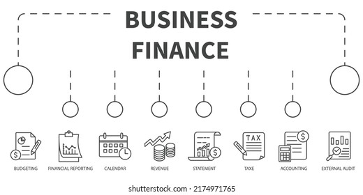Business finance Vector Illustration concept. Banner with icons and keywords . Business finance symbol vector elements for infographic web