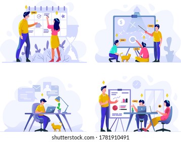 Business and finance Vector Illustration flat gradient design style, schedule, strategic planning, work in office, presentation, discussion