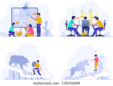 Business and finance Vector Illustration flat gradient design style, strategic planning, discussion of meeting, bear market, bull trend