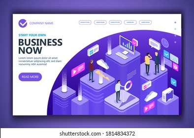 Business and finance vector isometric concept, Marketing isometric people working together and developing a successful business strategy, Vector illustration