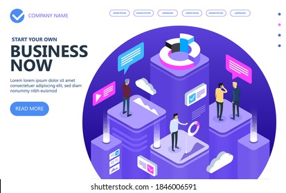 Business and finance vector isometric concept, Marketing isometric people working together and developing a successful business strategy, Vector illustration