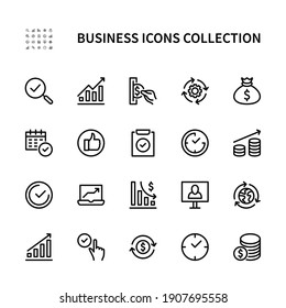 Business and finance vector linear icons. Business management. Task plan marketing team money and more. Collection of business and finances icons for websites and mobile devices. Editable stroke.