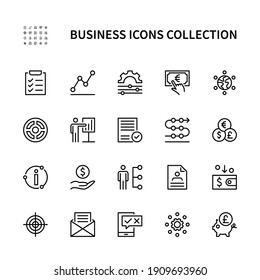 Business and finance vector linear icons. Business management. Marketing information plan goal team money and more. Collection of business icons for websites and mobile devices. Editable stroke.