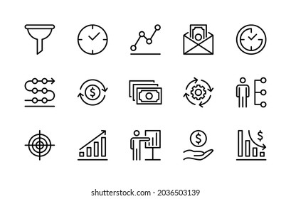 Business and finance vector linear icons. Business management. Profit, marketing, goal, time, risk, money and more. Business icon collection for websites and mobile devices. Editable stroke.