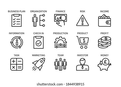 Negocios y finanzas, conjunto vectorial de iconos lineales. Administración de negocios. Organización, marketing, equipo, inversor, dinero y más. Colección aislada de iconos de negocios para sitios web. Trazo editable.