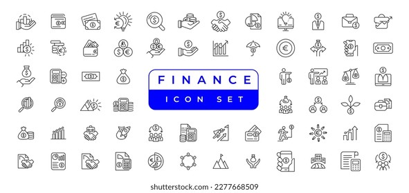 business and finance Vector set with money, bank, check, law, auction, exchance, payment, wallet, deposit, piggy, calculator, web and more isolated outline thin symbol