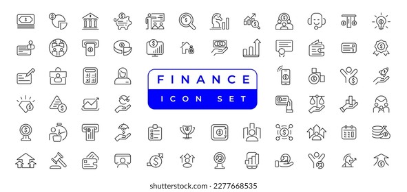 business and finance Vector set with money, bank, check, law, auction, exchance, payment, wallet, deposit, piggy, calculator, web and more isolated outline thin symbol