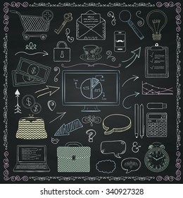 Business and Finance Vintage Hand Sketched Icons on Chalkboard Menu Texture. Hand Drawn Vector Illustration. Decorative Design Elements, Speech Bubbles, Arrows, Infographic Graphic Elements, Swirls