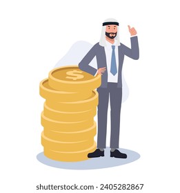  Business Finance Wealth and Success concept. Arab Man in Suit with Thumb Up near stack of coin.