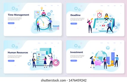 Business and finance web banner concept set. Time management, deadline and human resources. Busy character in formal clothes. Isolated vector illustration in cartoon style