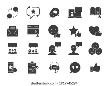 Business and finance web glyph icon set. Testimonials, customer relationship management or CRM concept. Simple solid style symbol collection. Vector illustration isolated on white background. EPS 10.