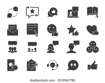 Business and finance web glyph icon set. Testimonials, customer relationship management or CRM concept. Simple solid style symbol collection. Vector illustration isolated on white background. EPS 10.