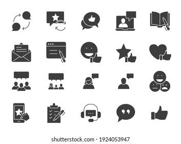 Business and finance web glyph icon set. Testimonials, customer relationship management or CRM concept. Simple solid style symbol collection. Vector illustration isolated on white background. EPS 10.