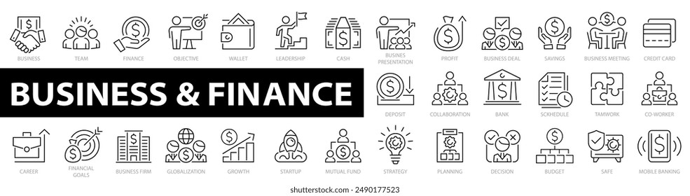 Business and Finance web icon set. Business icons. Finance web icon collection. loan, cash, saving, financial goal, profit, budget, mutual fund, earning money and more. Vector illustration