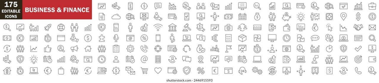  Business and Finance web icons in line style. Money, bank, contact, infographic. Icon collection. Vector illustration. on white background money, bank, check, law, auction, e, payment. icons 