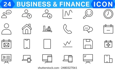 Business and Finance web icons in line style. Money, bank, contact, infographic. Icon collection. Vector illustration.