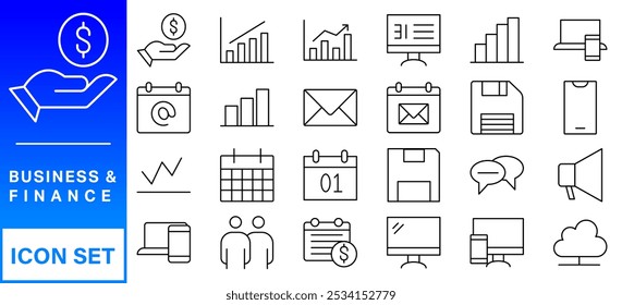 Ícones da Web de Negócios e Finanças no estilo de linha. Dinheiro, banco, contato, infográfico. Coleção de ícones. Ilustração vetorial