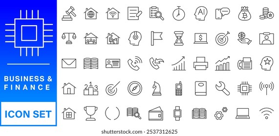 Business and Finance web icons in line style. Money, bank, contact, infographic. Icon collection. Vector illustration