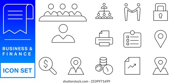 Business and Finance web icons in line style. Money, bank, contact, infographic. Icon collection. Vector illustration