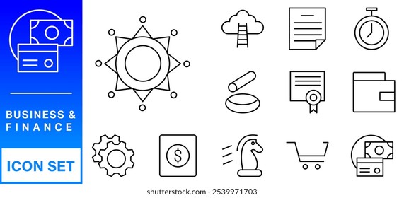 Business and Finance web icons in line style. Money, bank, contact, infographic. Icon collection. Vector illustration