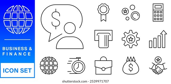 Business and Finance web icons in line style. Money, bank, contact, infographic. Icon collection. Vector illustration