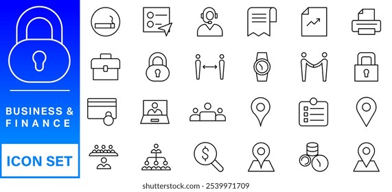 Business and Finance web icons in line style. Money, bank, contact, infographic. Icon collection. Vector illustration