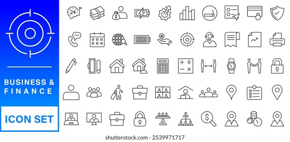 Business and Finance web icons in line style. Money, bank, contact, infographic. Icon collection. Vector illustration