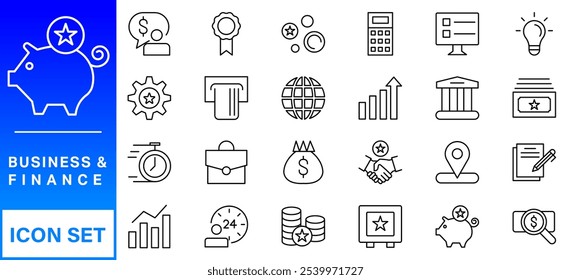 Business and Finance web icons in line style. Money, bank, contact, infographic. Icon collection. Vector illustration