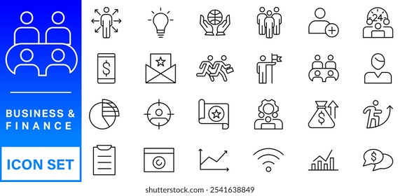 Business and Finance web icons in line style. Money, bank, contact, infographic. Icon collection. Vector illustration