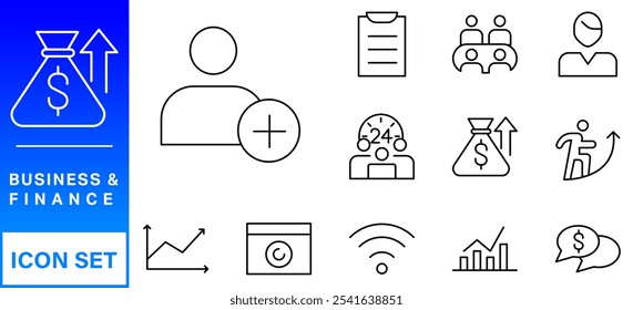 Business and Finance web icons in line style. Money, bank, contact, infographic. Icon collection. Vector illustration