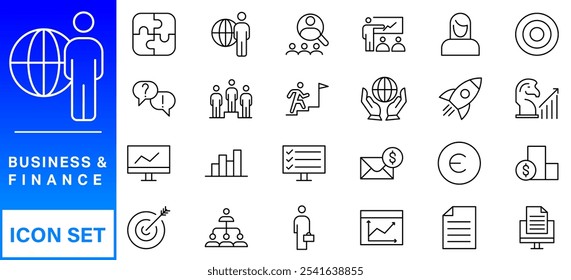 Business and Finance web icons in line style. Money, bank, contact, infographic. Icon collection. Vector illustration