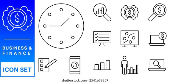 Business and Finance web icons in line style. Money, bank, contact, infographic. Icon collection. Vector illustration