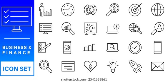 Business and Finance web icons in line style. Money, bank, contact, infographic. Icon collection. Vector illustration