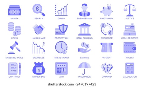 Business and finance web icons set in duotone flat design. Pack pictograms with money, graph, businessman, piggy bank, justice, coins, handshake, exchange, cash, diamond, other. Vector illustration.