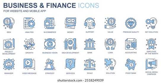 Business and finance web icons set in duotone line design. Pack of idea, analysis, m-commerce, money, support, value, premium quality, solution, other outline stroke pictograms. Vector illustration