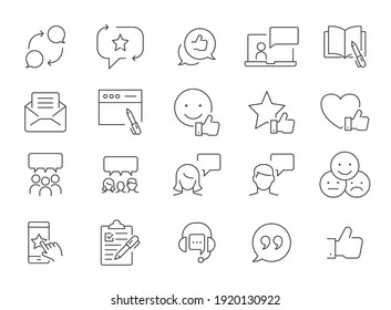 Conjunto de iconos de línea web de negocios y finanzas. Testimonios, gestión de relaciones con el cliente o concepto de CRM. Colección de símbolos de estilo de contorno simple. Ilustración vectorial aislada en fondo blanco. EPS 10.