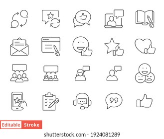Business and finance web line icon set. Testimonials, customer relationship management or CRM concept. Simple outline style symbol collection. Vector illustration isolated. Editable stroke EPS 10.