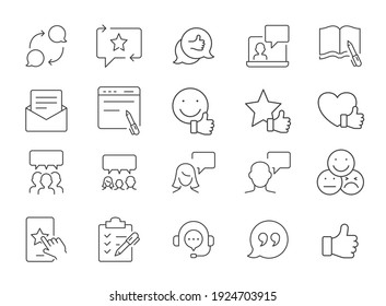 Business and finance web line icon set. Testimonials, customer relationship management or CRM concept. Simple outline style symbol collection. Vector illustration isolated on white background. EPS 10.